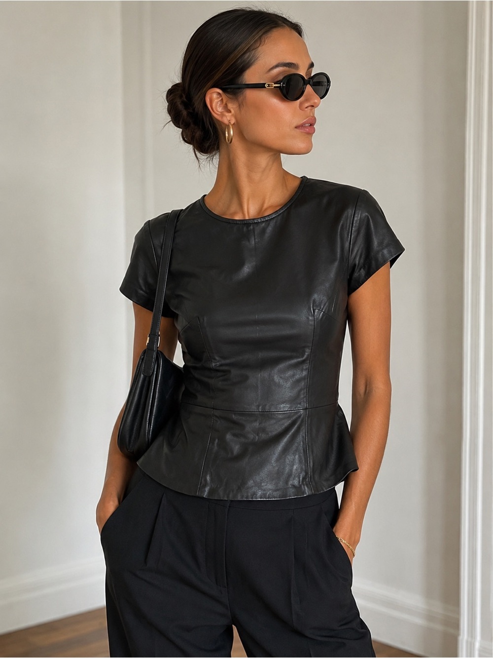 Theory Panna Black 100% Lamb Leather Peplum Top Blouse M Minimalist Quiet Luxury